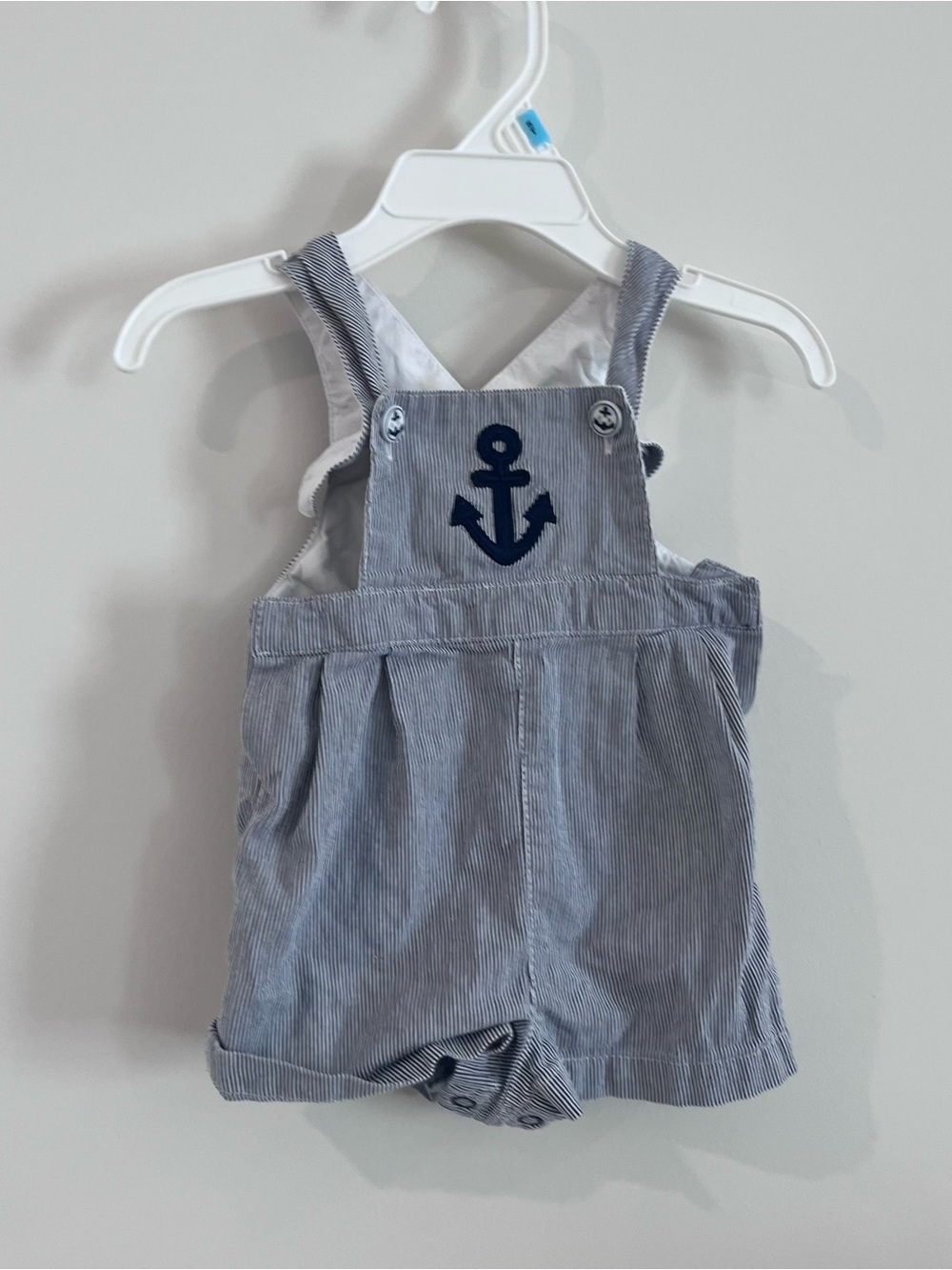 Kitestrings Baby Boy Navy And White Pinstripe Short Overalls Anchor Theme 0-3m